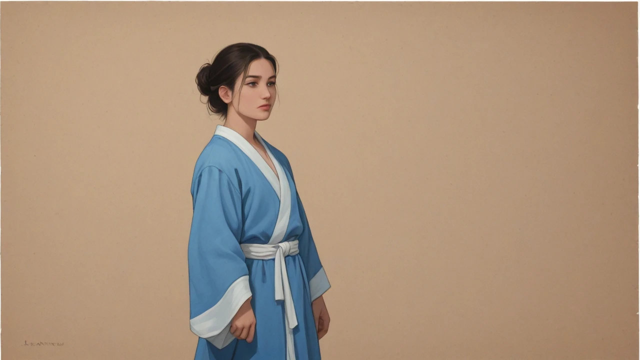 An ancient Eastern philosopher with narrow, thoughtful eyes gazing to the side, long black beard, wearing blue Hanfu robes, calm  expression, wise and dignified, watercolor painting style, light brown parchment-like background.