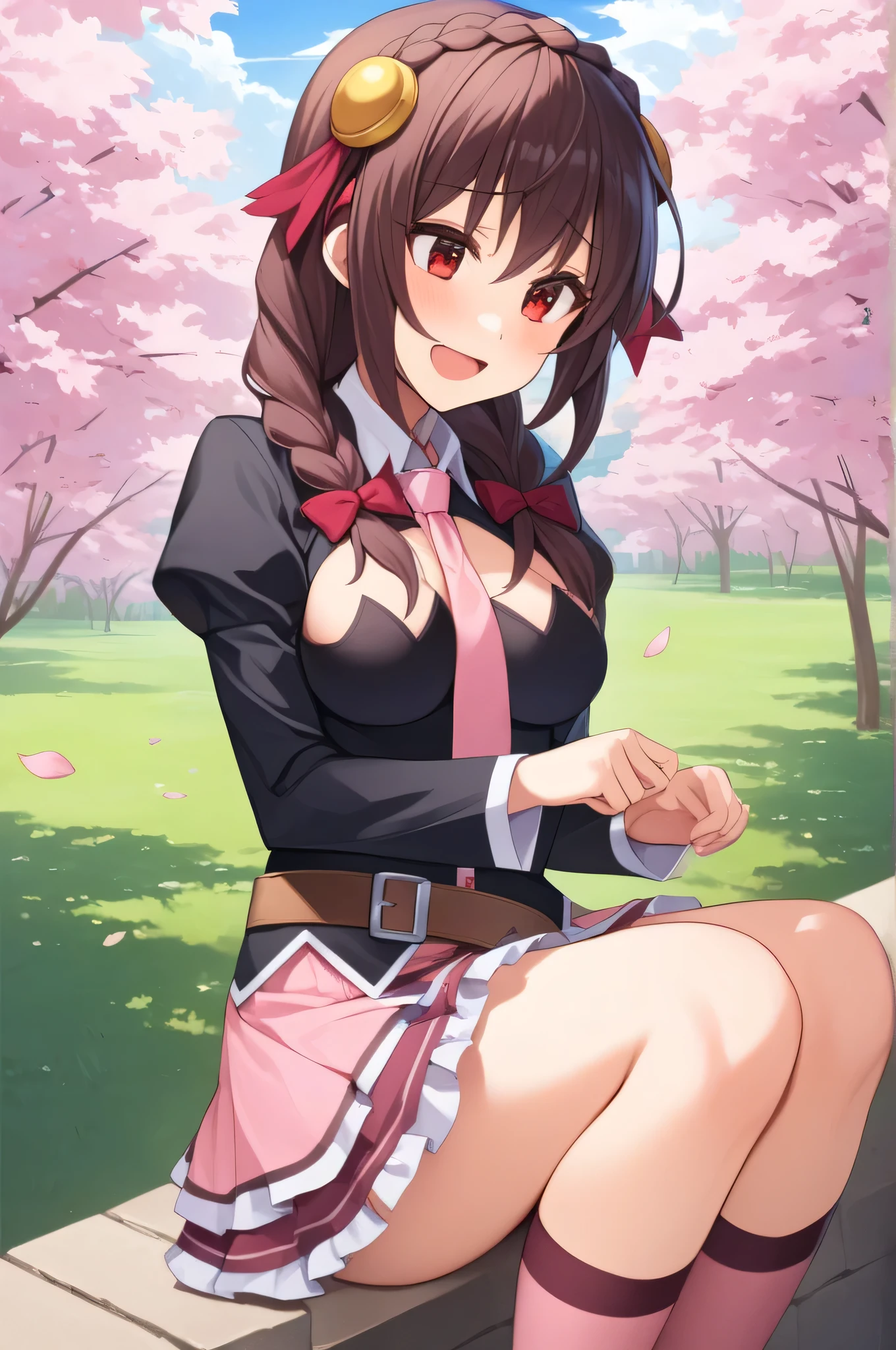 alone, One girl, Happy face, View your viewers, Crown Blade, hair ornaments, Hair Ribbon, Pink tie, Black long sleeve, Pink Skirt, Knee socks, Cleavage, grassland、Black Hair、Red Eyes、(blush:1.2)、sit、cherry blossoms、Pink underwear