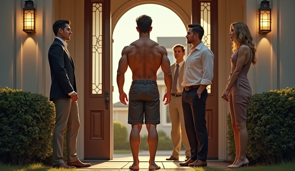 A muscle man, well-built, velludo, virile and attractive in speedos and barefoot, teaching well-dressed students at a shoeless university, in a very sensual pose with a seductive smile, surrounded by people