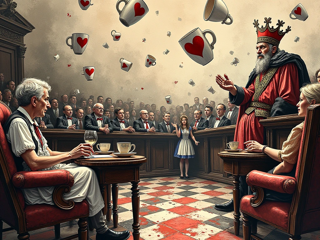 "Courtroom chaos with playing card jurors, King and Queen of Hearts on throne, Alice growing giant, surreal perspective, ink splatters and torn paper collage, Ralph Steadman aesthetic"
Style : Dessin anarchique à la plume et encre.
Élément clé : Ajouter "flying teacups" en arrière-plan pour l'absurdité.