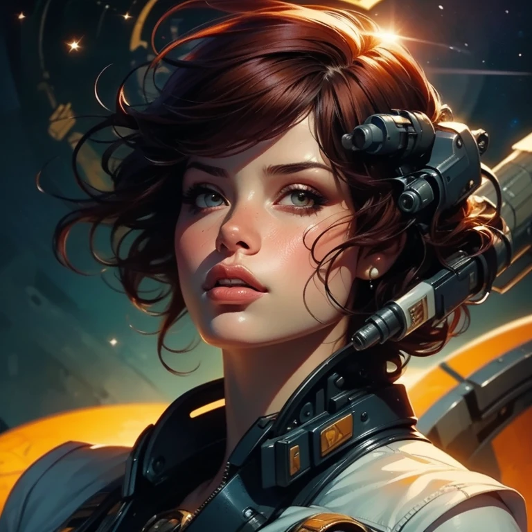 Astronaut style bikini (breast), with a group of soldiers behind her, beautiful sci-fi art, beautiful smile, waiting for a kiss, turning and looking at the camera, epic light sparkle particles floating, space warrior, sunrise over solar punk city, stoner rock, mars invasion 2 0 3 3 - 2 0 4 2, 7 0 s palette, epic album art cover, sexy movie photo, cinemascope panorama, high stylized and 1940’s poster, cosmic style, 8k cinematic, golden ratio, cosmic mayhem