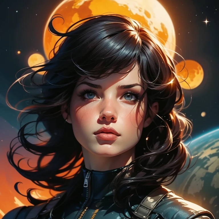 a young space fighter pilot , science fiction illustration, highly detailed cinematic fantasia portrait, black outline,  Color illustration ,  in the style of Boris Vallejo  &  Julie's bell , obra-prima, 8k, ultra-detailed, physics-based rendering, vibrant colors, dramatic lighting, intricate background, fantasia, photorealistic