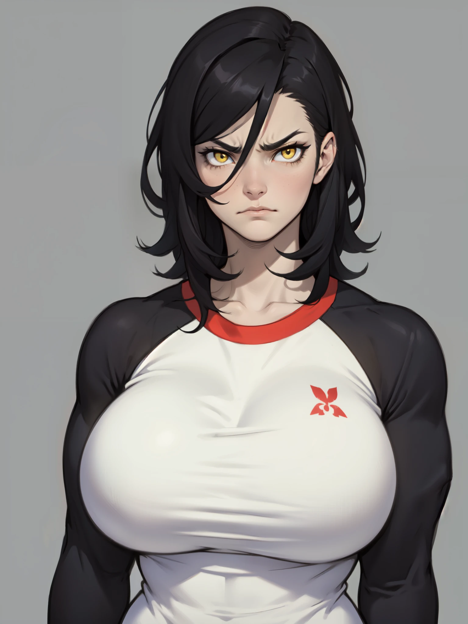 muscular girl thick breasts black hair yellow eyes pale skin best quality sad frown
