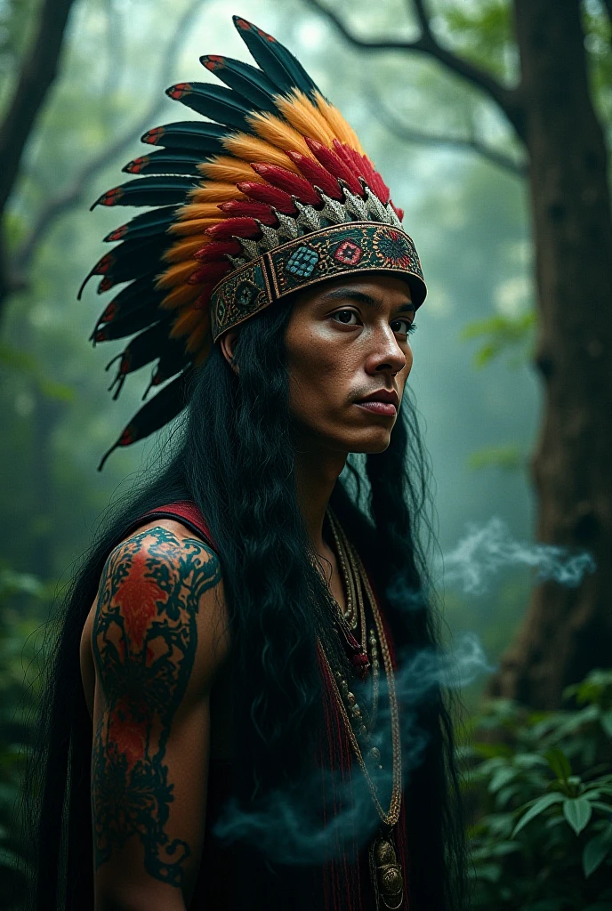 Indian with a black and red plume on his head with various forest spirits behind like smoke 