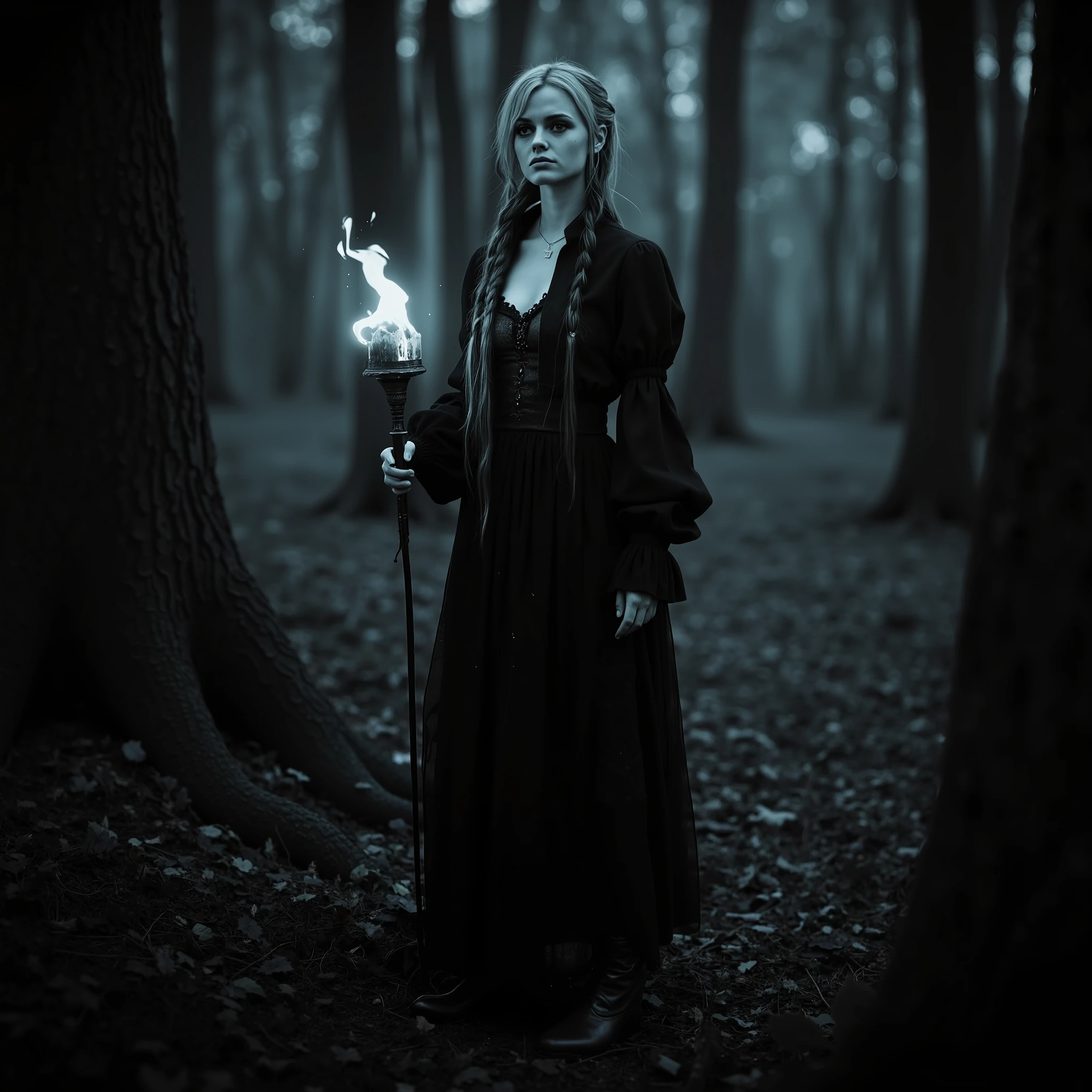  Ultra-realistic cinematic portrait, 8K, Unreal Engine 5 photorealism: A pale-skinned woman with porcelain skin and heterochromatic eyes (amber/steel-blue) stands in a primordial forest at twilight, gripping a torch whose flames warp unnaturally toward an ancient oak totem carved with glowing Norse runes. She wears a corseted Victorian mourning dress of matte black taffeta with moth-wing lace cuffs, layered under a sheer charcoal chiffon tunic printed with faint constellations that billows like spectral fog, her Rapunzel-esque braid woven with black velvet ribbons draped over one shoulder. The scene is lit by dramatic chiaroscuro—golden torchlight casting pulsating amber gradients on her cheekbones and the totem’s grooves, while off-screen campfire glow bathes the dense thicket of gnarled trees in Prussian blue shadows, their bark scarred with beetle holes and bioluminescent fungus. Mist coils around her leather boots, swirling with blue-tinged smoke and floating embers as crushed leaves crackle underfoot, capturing a frozen moment between ritual and revelation. Shot with an 85mm f/1.2 lens at 2.35:1 aspect ratio, the composition balances high-fashion editorial grandeur (think Annie Leibovitz meets Dark Souls) with hyper-detailed textures—individual lace threads, dewy sweat on her brow, and ray-traced reflections in her eyes—rendered with Kodak Ektachrome film grain and subtle chromatic aberration for cinematic immersion.