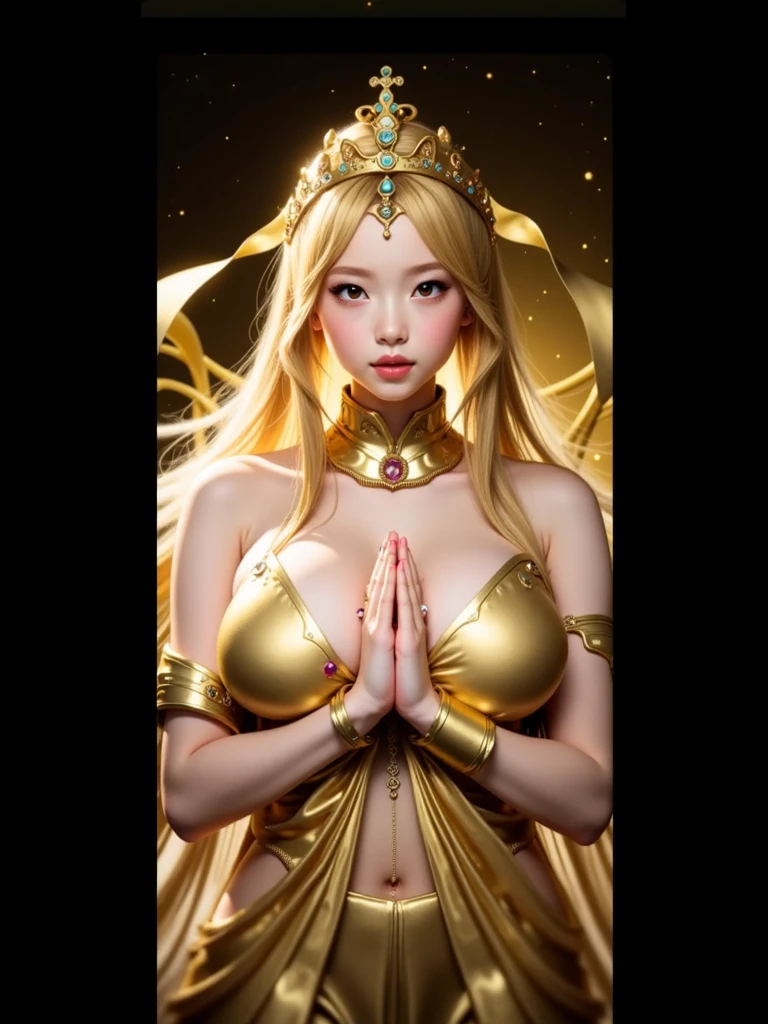1 girl、highest quality、masterpiece、ultra high resolution、(Photoreal:1.4)、RAW photo、god々々女godシビット、（15 year old beautiful girl&#39;face）、straight long hair、glowing skin、dramatic、（Golden See-Through Competition Swimwear）、（golden transparent fluttering robe）、（gold buddha statue）、（Golden Guanyin Bodhisattva Statue）、（（Small golden tiara））、（pray）（Are standingwhole body）、（（delicate fingers、delicate hands））、（delicate feet）、（Beautiful full bust with big and rich breasts）、（rocket ）、（（golden garter stockings））、（（golden ancient greek temple））（golden wall decorated with gold）、（blur the background）、（big areolisible、 stand）、（Woman praying）、（pray with Your Hands Together）、whole body、Are standing、pray with Your Hands Together、delicate face、delicate hands、delicate feet、Body anatomy、welcome、Looking at the front、Golden Greek Temple、sexy、pray美少女、golden micro bikini、