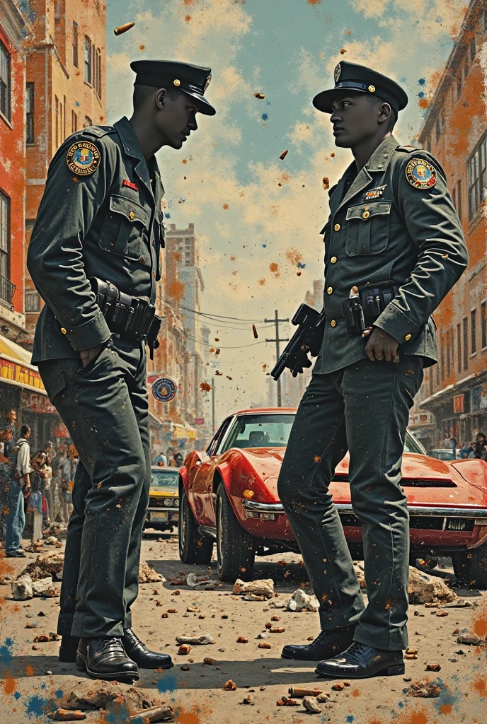 collage art, j.f. kennedy, cia agents, bullets, car crash scene, patches, america in the 1960s, detailed portrait of j.f. kennedy, secret service agents in tactical gear, gunshot wounds, wrecked vintage car, collage of american patriotic symbols, moody lighting, cinematic, dark atmosphere, hyperrealistic, sharp focus, 8k, masterpiece, professional digital art, dramatic chiaroscuro, muted color palette, gritty, high contrast, dramatic, intense