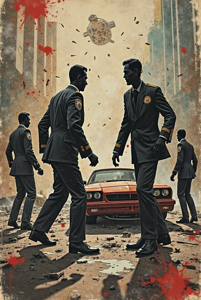 collage art, j.f. kennedy, cia agents, bullets, car crash scene, patches, america in the 1960s, detailed portrait of j.f. kennedy, secret service agents in tactical gear, gunshot wounds, wrecked vintage car, collage of american patriotic symbols, moody lighting, cinematic, dark atmosphere, hyperrealistic, sharp focus, 8k, masterpiece, professional digital art, dramatic chiaroscuro, muted color palette, gritty, high contrast, dramatic, intense