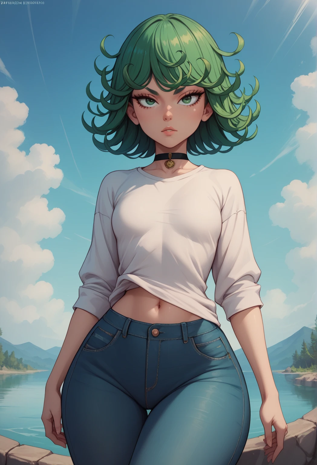 (masterpiece, best quality:1.2), cowboy shot, solo, 1girl, tatsumaki, lustful, closed mouth, looking at the viewer, ass, wide hips, t-shirt, short shorts, blue sky, clouds, erotica,