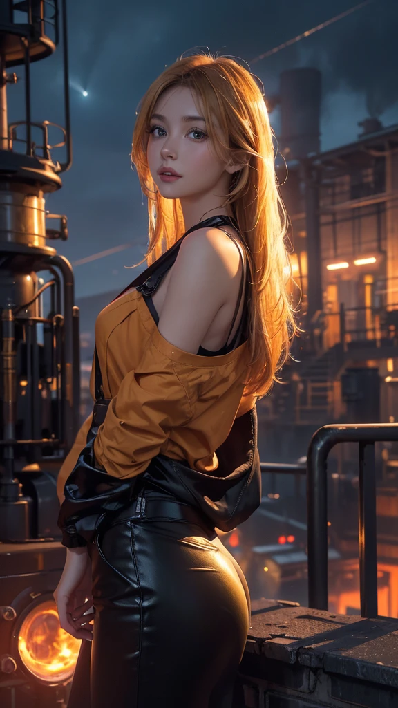 (photo realistic), highly detailed, Award-winning photography, Sharp focus,
A beautiful Scandinavian woman,
extraordinarily beautiful face, blonde,

A beautiful woman holding onto a chimney, gazing out at the vibrant factory nightscape. The scene is set against a dark sky lit by the glowing lights of the factory below, with smokestacks and glowing industrial machinery casting a fiery orange and yellow hue across the scene. The woman’s silhouette stands out against the brightly lit backdrop, with her hair slightly flowing in the wind. She is dressed in a casual, yet stylish outfit, adding to the contrast of the industrial setting. The night is filled with energy, and the woman's expression is thoughtful and contemplative as she looks down at the bustling factory below. The atmosphere is both powerful and serene, capturing the clash of beauty and industry in a stunning, cinematic way.
She shines in the moonlight, glint, shine,
