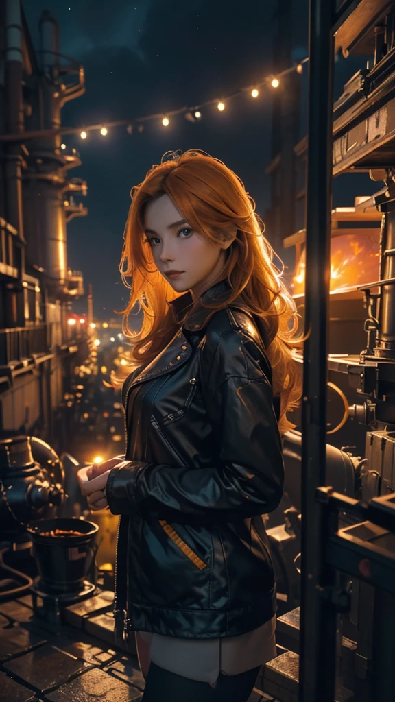 (photo realistic), highly detailed, Award-winning photography, Sharp focus,
A beautiful Scandinavian woman,
extraordinarily beautiful face, blonde,

A beautiful woman holding onto a chimney, gazing out at the vibrant factory nightscape. The scene is set against a dark sky lit by the glowing lights of the factory below, with smokestacks and glowing industrial machinery casting a fiery orange and yellow hue across the scene. The woman’s silhouette stands out against the brightly lit backdrop, with her hair slightly flowing in the wind. She is dressed in a casual, yet stylish outfit, adding to the contrast of the industrial setting. The night is filled with energy, and the woman's expression is thoughtful and contemplative as she looks down at the bustling factory below. The atmosphere is both powerful and serene, capturing the clash of beauty and industry in a stunning, cinematic way.
She shines in the moonlight, glint, shine,
