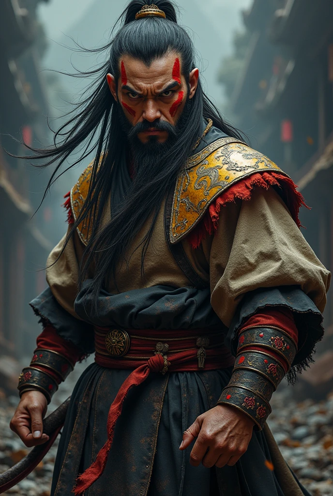 Male character with unusual appearance and is painted with non-shiny face paint and rude style with Chinese fighting clothes