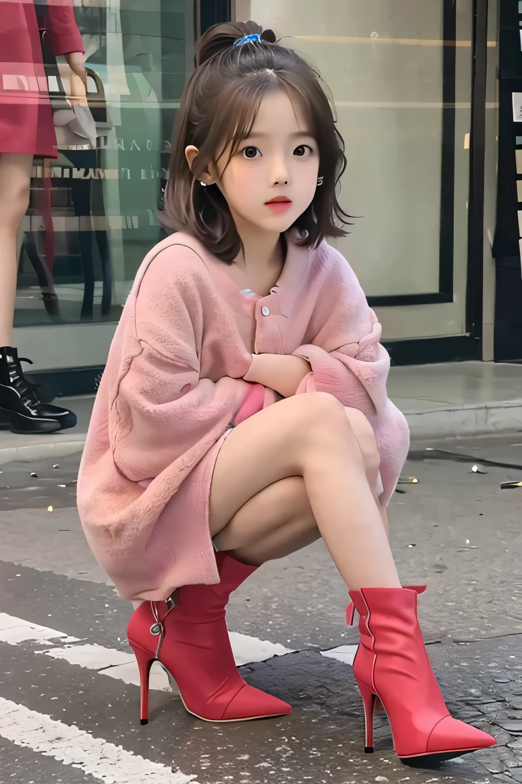 Eight-year-old girl wearing pointed stiletto high heels