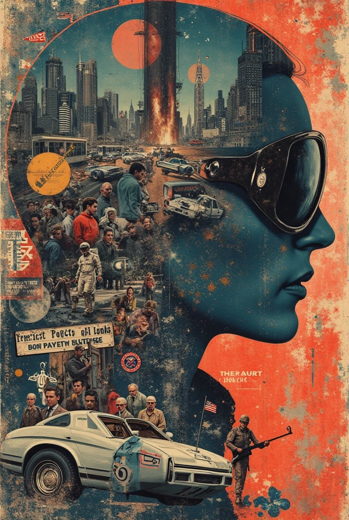 collage art, j.f. kennedy, cia agents, bullets, car crash scene, patches, america in the 1960s, detailed portrait of j.f. kennedy, secret service agents in tactical gear, gunshot wounds, wrecked vintage car, collage of american patriotic symbols, moody lighting, cinematic, dark atmosphere, hyperrealistic, sharp focus, 8k, masterpiece, professional digital art, dramatic chiaroscuro, muted color palette, gritty, high contrast, dramatic, intense