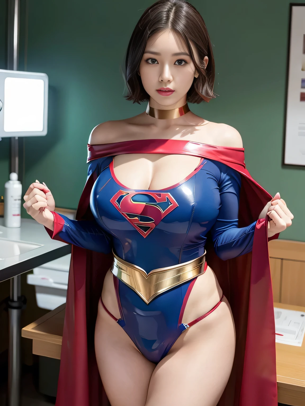 masterpiece、Rubber Supergirl Costume、short hair、barefoot、Big and ample breasts、looking at the camera、choker、Long sleeve、Cape、mini skirt、Off the shoulder、Sweaty skin、In front of the laboratory equipment in the hospital room、Photo magazine cover、Glamorous cleavage、Boasting beautiful legs、High leg leotard、Bare legs、Young wife in her s、Close-up、