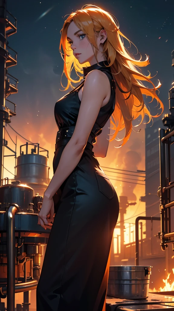 (photo realistic), highly detailed, Award-winning photography, Sharp focus,
A beautiful Scandinavian woman,
extraordinarily beautiful face, blonde,

A beautiful woman holding onto a chimney, gazing out at the vibrant factory nightscape. The scene is set against a dark sky lit by the glowing lights of the factory below, with smokestacks and glowing industrial machinery casting a fiery orange and yellow hue across the scene. The woman’s silhouette stands out against the brightly lit backdrop, with her hair slightly flowing in the wind. She is dressed in a casual, yet stylish outfit, adding to the contrast of the industrial setting. The night is filled with energy, and the woman's expression is thoughtful and contemplative as she looks down at the bustling factory below. The atmosphere is both powerful and serene, capturing the clash of beauty and industry in a stunning, cinematic way.
She shines in the moonlight, glint, shine,
