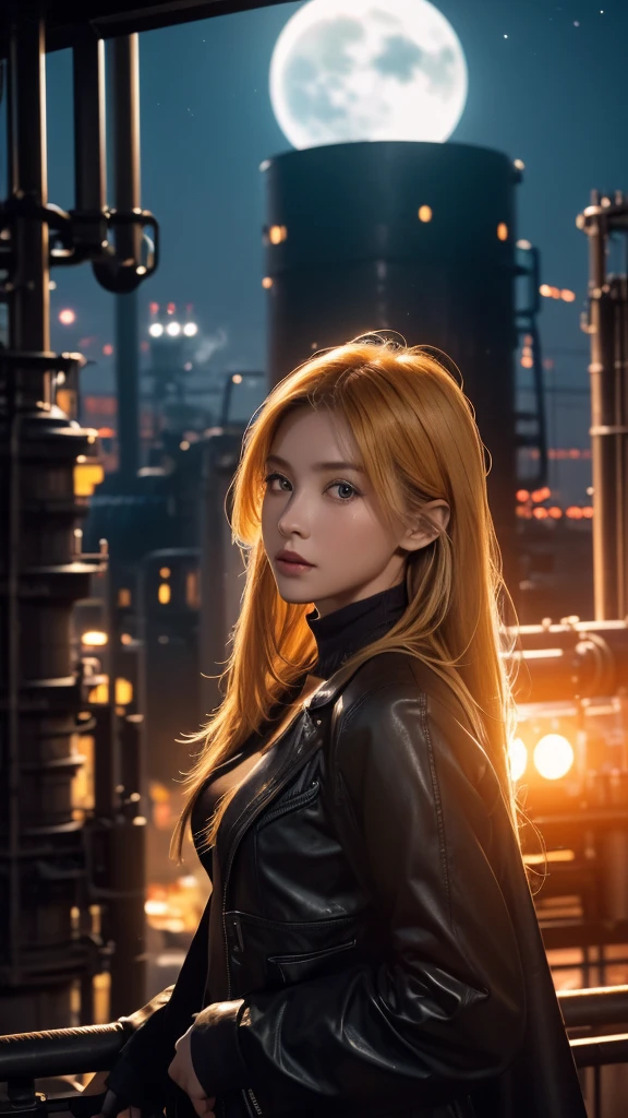 (photo realistic), highly detailed, Award-winning photography, Sharp focus,
A beautiful Scandinavian woman,
extraordinarily beautiful face, blonde,

A beautiful woman holding onto a chimney, gazing out at the vibrant factory nightscape. The scene is set against a dark sky lit by the glowing lights of the factory below, with smokestacks and glowing industrial machinery casting a fiery orange and yellow hue across the scene. The woman’s silhouette stands out against the brightly lit backdrop, with her hair slightly flowing in the wind. She is dressed in a casual, yet stylish outfit, adding to the contrast of the industrial setting. The night is filled with energy, and the woman's expression is thoughtful and contemplative as she looks down at the bustling factory below. The atmosphere is both powerful and serene, capturing the clash of beauty and industry in a stunning, cinematic way.
She shines in the moonlight, glint, shine,
