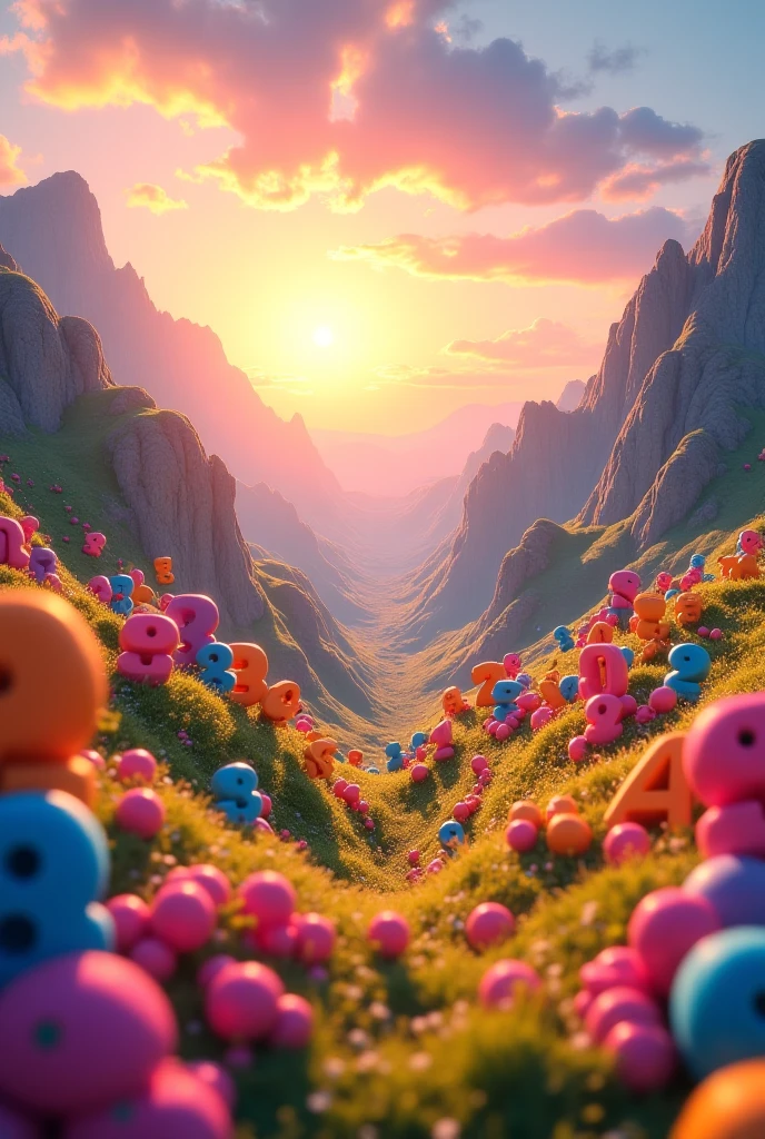 creating a landscape with numbers everywhere, the sun illuminating it in the mountains., all this in an animated world