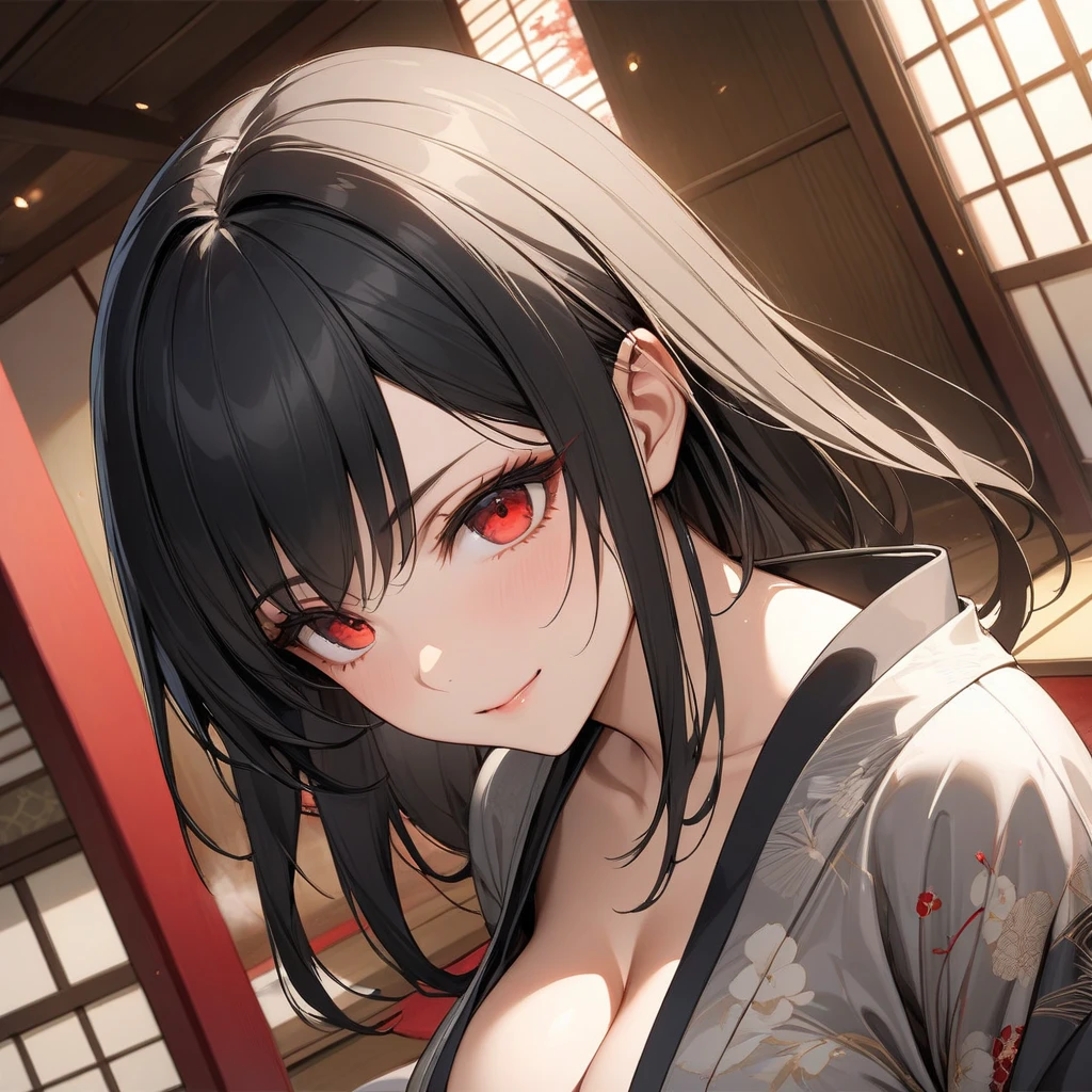 (female): solo, (perfect face), (detailed outfit), (30 years old), plain expression, black hair, straight hair, red eyes, large_chest_circumference, (face close up), red yukata under black coat, indoor, japanese house , (masterpiece), (best quality), (sharp focus), (depth of field), (high res)