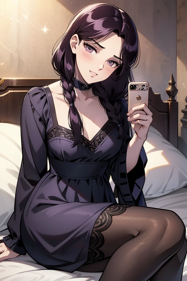 ((highest quality)), ((masterpiece)), (become familiar with), perfect face,blonde,short hair,grated bangs,eyes without highlights,Desaturated dark green eyes,Drooping eyes,grinning,look down,black choker,tall,big breasts,Rubbing your chest with selfie,off shoulder knit,black panties,black pumps,slender,19 years old,Show the whole body,Reflection to the toes,Bedroom,