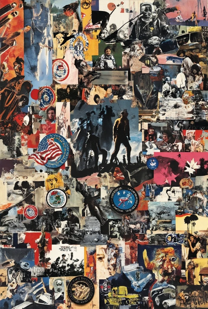 collage art, j.f. kennedy, cia agents, bullets, car crash scene, patches, america in the 1960s, detailed portrait of j.f. kennedy, secret service agents in tactical gear, gunshot wounds, wrecked vintage car, collage of american patriotic symbols, moody lighting, cinematic, dark atmosphere, hyperrealistic, sharp focus, 8k, masterpiece, professional digital art, dramatic chiaroscuro, muted color palette, gritty, high contrast, dramatic, intense