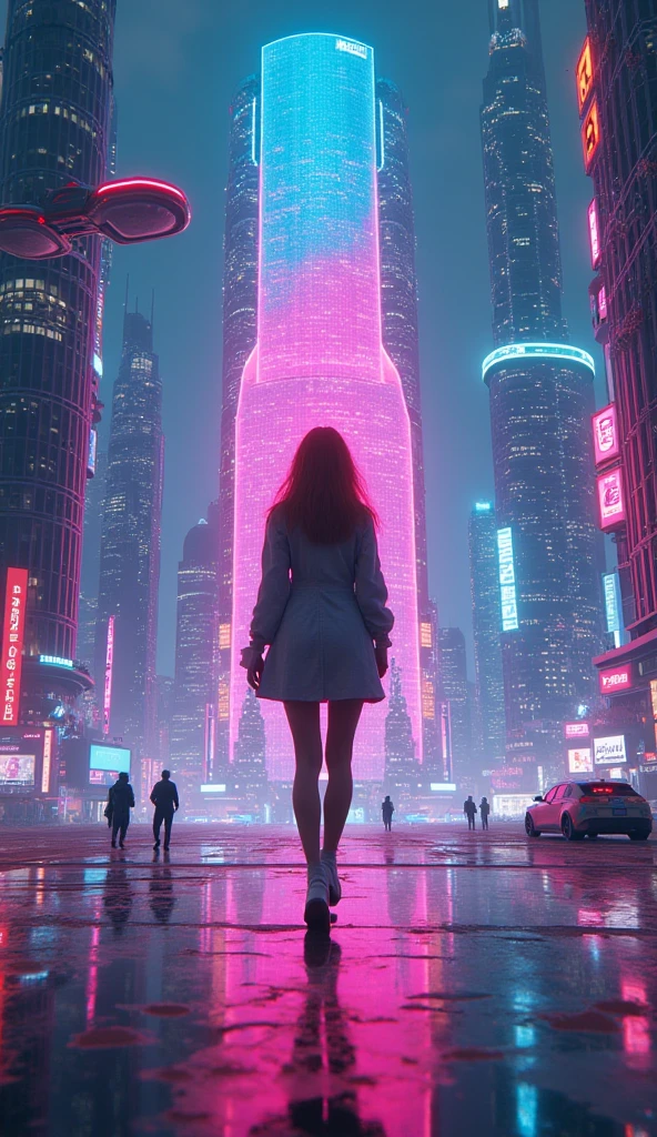 Create a neon model with the name Sea Art anniversary 2, the scenario is a technological city with flying cars and computer systems in the city with neon colors