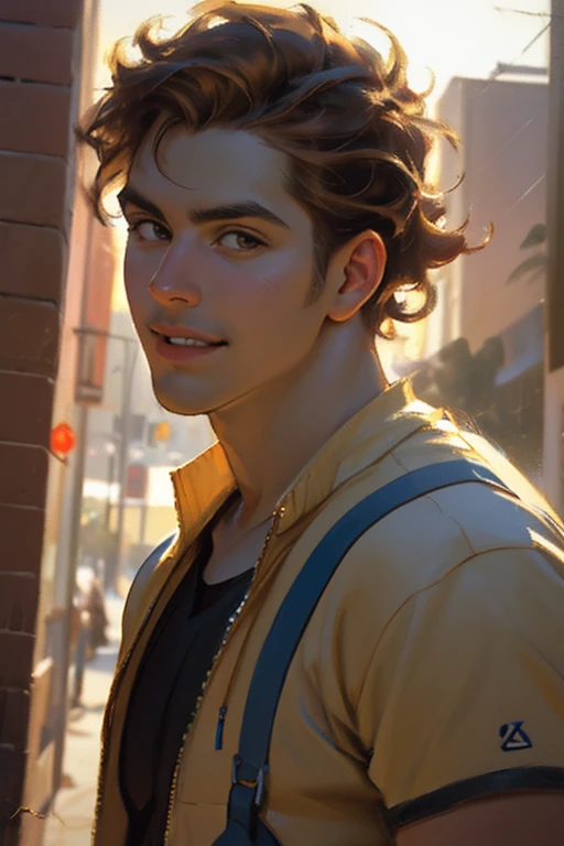 A striking portrait of a 26-year-old Caucasian male, embodying a charismatic "heartthrob" aesthetic.  He possesses a Hollywood smile, showcasing playful brown eyes that sparkle with mischief, framed by short, styled brown hair.  A slightly crooked nose adds character to his handsome features.  His youthful, yet masculine, expression conveys confidence and approachability. He's dressed in stylish streetwear—think high-end sneakers, designer jeans, and a subtly patterned, fitted tee— reflecting a contemporary, fashionable sensibility.  His pose is relaxed yet engaging, leaning slightly against a weathered brick wall in a sun-drenched outdoor Hollywood setting, palm trees subtly visible in the background. The lighting is natural and vibrant, casting warm, golden hues on his skin, contrasting with the cooler tones of the brick wall.  The overall composition is a three-quarter view, captured with a shallow depth of field using a 50mm lens, drawing focus to his captivating smile and expressive eyes. The mood is sunny, energetic, and undeniably charming, invoking a feeling of effortless cool and youthful exuberance.  The style is photorealistic, borrowing elements from contemporary fashion photography and capturing the vibrancy and energy of street style, evocative of a cinematic still.  The texture of his clothing, the roughness of the brick, and the subtle sheen of his hair are all meticulously rendered. (Maga, realistic), (oil painting in sfumato technique) (close-up portrait)