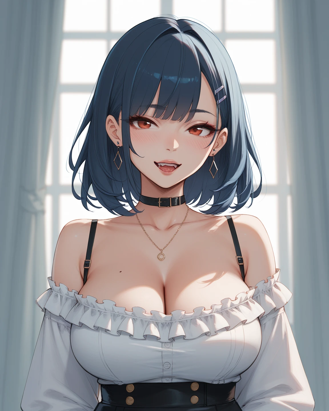 Masterpiece,Highest quality,8k,Ultra-high resolution,appropriate margins,lighting,Depicted from the waist up,BREAK,(1 person),Very beautiful female college student,Slim body,(The richest big breasts),Cleavage,Moisturized Skin,BREAK,(Blue Hair),Bangs are fastened with hairpins,mascara,Red eyeliner,Light pink lip,Thin teak,Thin eyebrows,BREAK,Light purple eyes,BREAK,Cute expression,Open your mouth a little,BREAK,A little short hair,Unshaven,BREAK,(Sleeveless white shirt),(Frilled mini skirt),(shop),BREAK,Eye contact