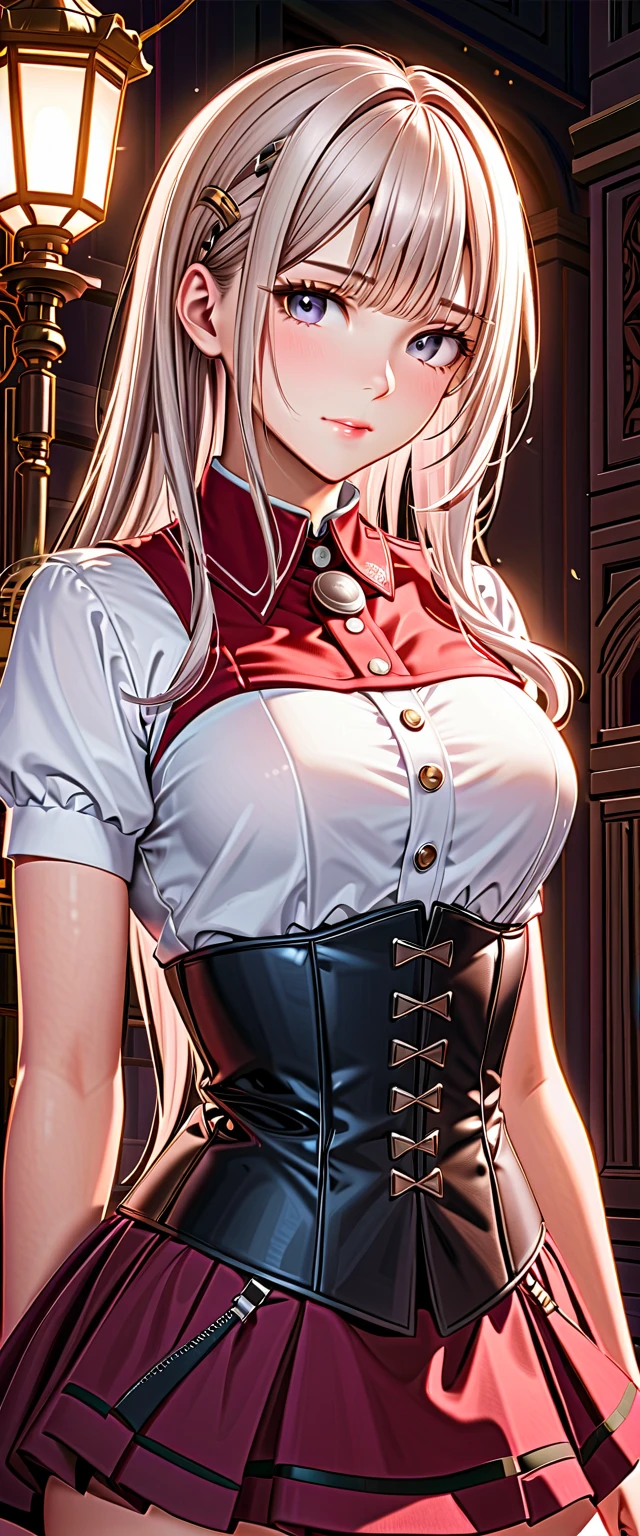 High detailed, kimtag, 1 girl, Cream colored eyes, pale blond toned colored hair, large hair, busty, plump body, pink genetics's uniform, Juliet sleeves, ribbon, deep cleavage, white skirt, genetics's uniform, juliet sleeves, Ribbon, genetics's uniform, holding a Flower bouquet