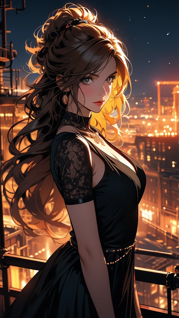 (photo realistic), highly detailed, Award-winning photography, Sharp focus,
A beautiful Scandinavian woman,
extraordinarily beautiful face, blonde,

A beautiful woman holding onto a chimney, gazing out at the vibrant factory nightscape. The scene is set against a dark sky lit by the glowing lights of the factory below, with smokestacks and glowing industrial machinery casting a fiery orange and yellow hue across the scene. The woman’s silhouette stands out against the brightly lit backdrop, with her hair slightly flowing in the wind. She is dressed in a casual, yet stylish outfit, adding to the contrast of the industrial setting. The night is filled with energy, and the woman's expression is thoughtful and contemplative as she looks down at the bustling factory below. The atmosphere is both powerful and serene, capturing the clash of beauty and industry in a stunning, cinematic way.
She shines in the moonlight, glint, shine,
