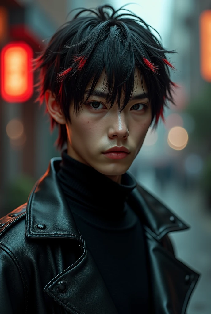 image of a tall boy with black and slanted eyes who has slightly long black hair with red tufts, That he is dressed in black and has a leather jacket