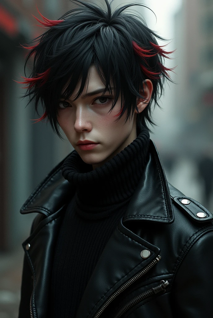 image of a tall boy with black and slanted eyes who has slightly long black hair with red tufts, That he is dressed in black and has a leather jacket