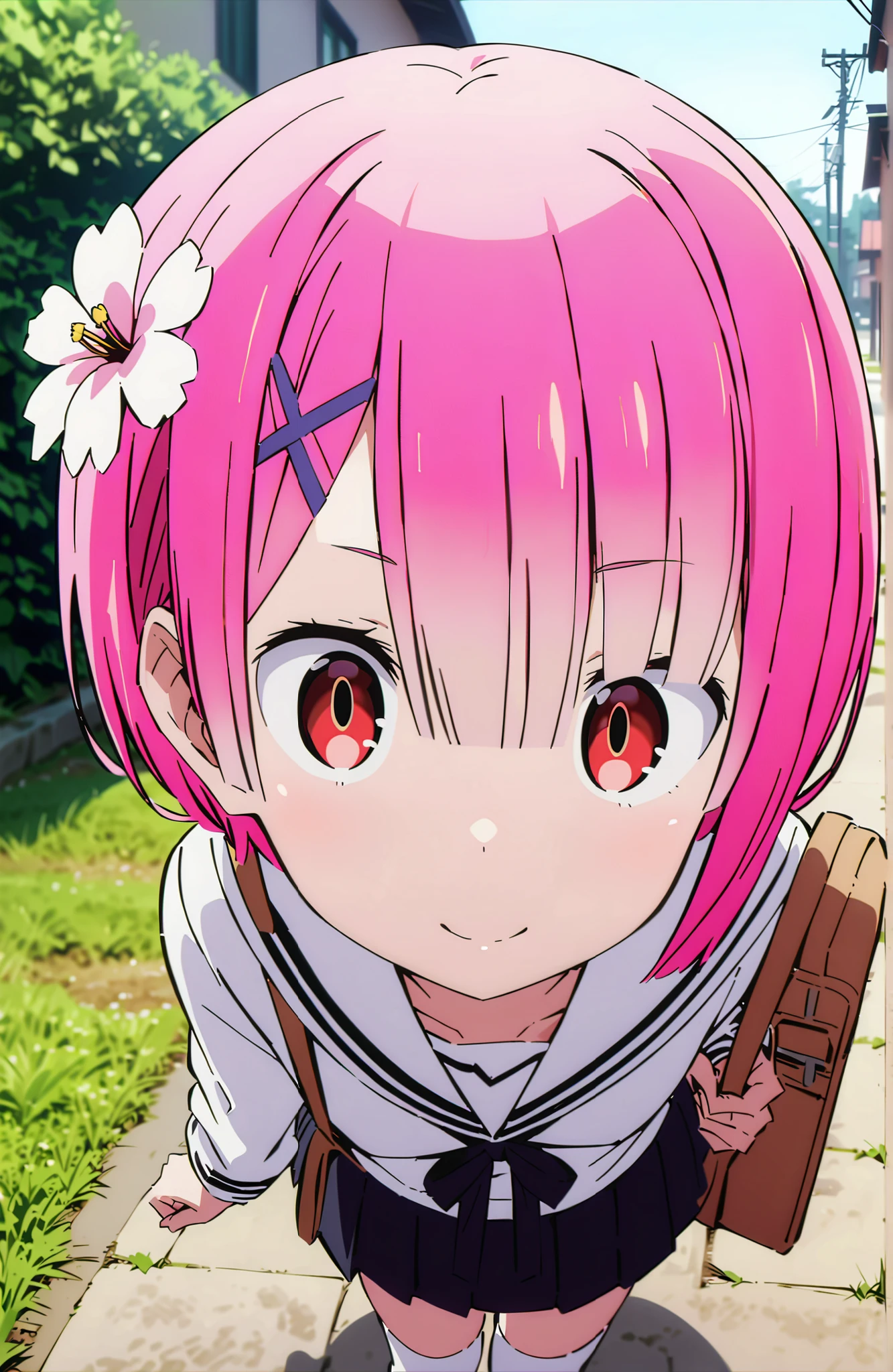 score_9, score_8_up, score_7_up, sauce_anime,Ram, hair flower, Hair Ornament, hair on one eye, pink hair, Red Eyes, short hair, x Hair Ornament,smile,blush,close your mouth,white sailor suit,long sleeve, black mini pleated skirt ,white thigh high socks,loafers,Student bag 1 :1,cherry blossoms,is walking,morning,full bodyがイラストに入るように,break looking at viewer,full body,
break outdoors, residential area,
break (masterpiece:1.2), best quality in bronze, high resolution, Unity 8Kの壁紙, ( illustration :0.8), (beautiful detailed eyes:1.6), highly detailed face, perfect lighting, highly detailed CG, (perfect hand, perfect anatomy),
