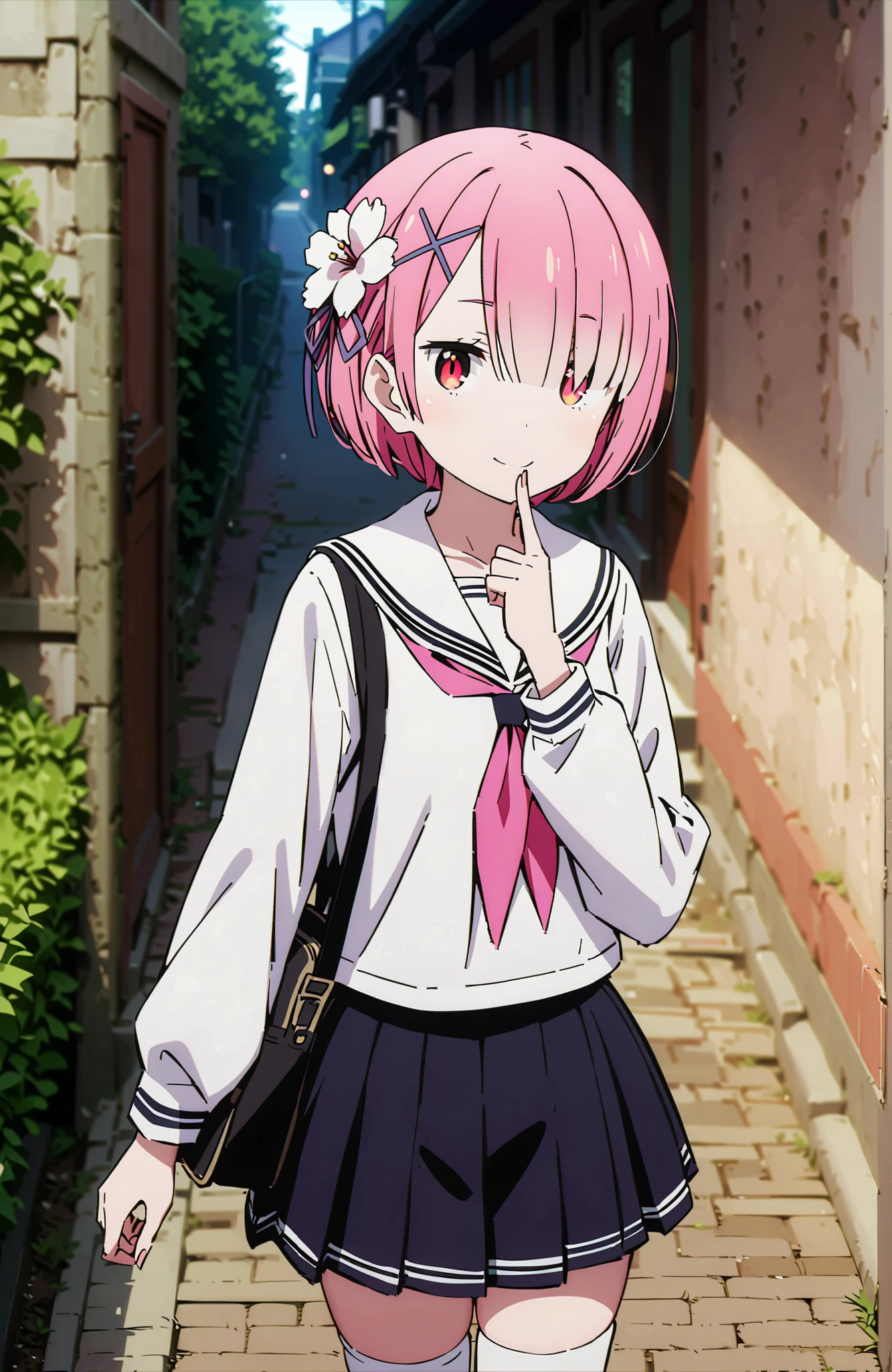 score_9, score_8_up, score_7_up, sauce_anime,Ram, hair flower, Hair Ornament, hair on one eye, pink hair, Red Eyes, short hair, x Hair Ornament,smile,blush,close your mouth,white sailor suit,long sleeve, black mini pleated skirt ,white thigh high socks,loafers,Student bag 1 :1,cherry blossoms,is walking,morning,full bodyがイラストに入るように,break looking at viewer,full body,
break outdoors, residential area,
break (masterpiece:1.2), best quality in bronze, high resolution, Unity 8Kの壁紙, ( illustration :0.8), (beautiful detailed eyes:1.6), highly detailed face, perfect lighting, highly detailed CG, (perfect hand, perfect anatomy),