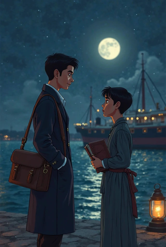 Cartoon-style scene of 21-year-old Jose Rizal, dressed in a dark travel coat, white shirt, and a small satchel slung over his shoulder, standing on a quiet dock at night in 1882. Beside him is his older brother Paciano, wearing a barong tagalog with a serious but supportive expression. They share a quiet, emotional moment before parting. A ship waits in the background, its lights softly glowing on the water. Pepe looks determined but nervous, clutching a journal and books tied with string. The scene captures secrecy, brotherly love, and a sense of hope. The atmosphere is gentle and cinematic, with cool night tones, soft shadows, and subtle highlights from lanterns. Cartoon style with emotional expressions, storytelling visuals, and symbolic elements like the moonlight reflecting on the ocean, representing his journey ahead.