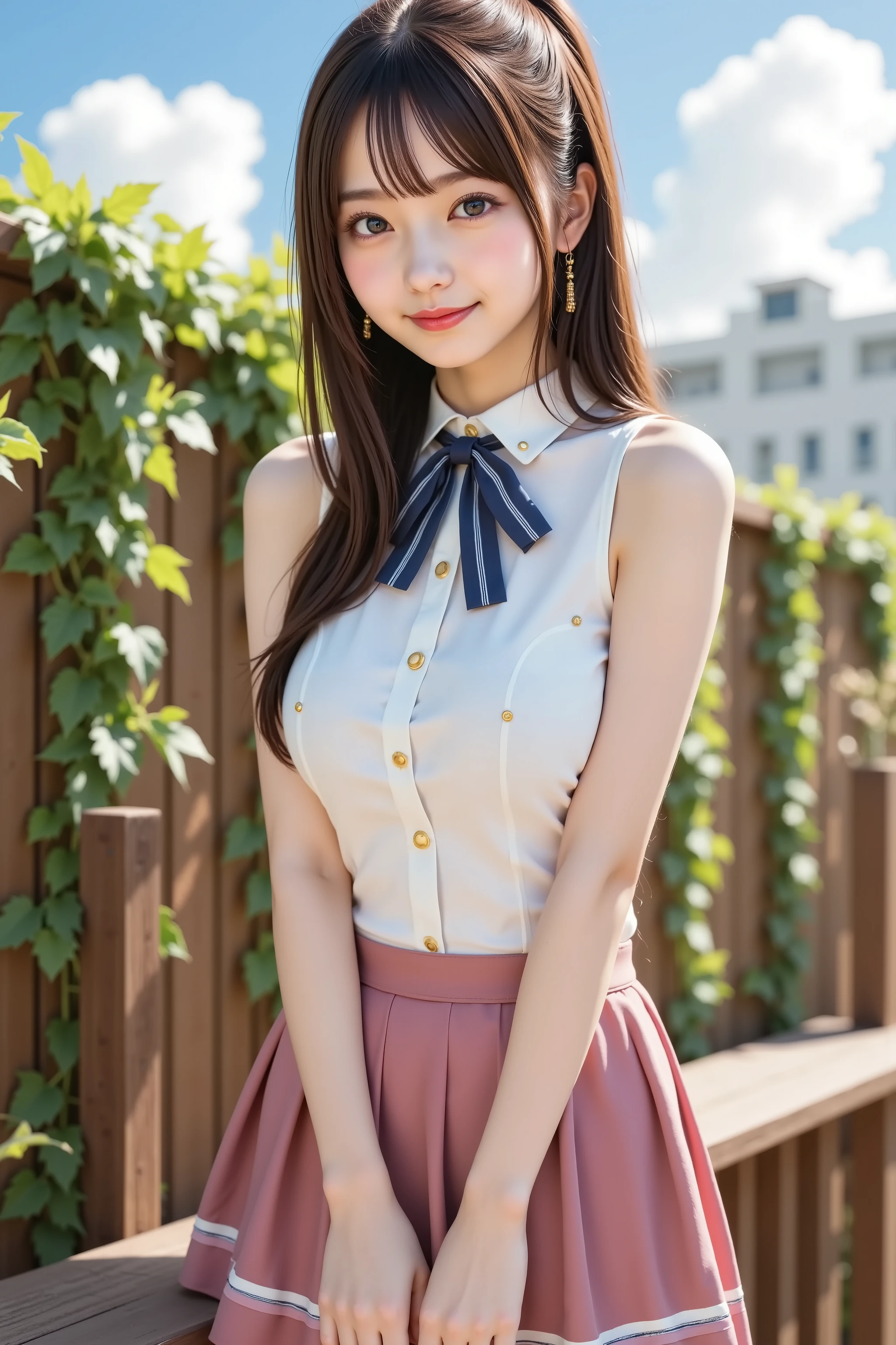 haruka, firm breast, ultra-high-definition 8K anime-style CG illustration of a cheerful young girl standing outside on a sunny day, fully framed so that her entire head and body fit comfortably within the image boundaries without any cropping. She has long, silky chestnut brown hair styled into a voluminous high ponytail secured with a blue ribbon, with loose strands flowing freely around her shoulders and back. Her eyes are large and sparkling pinkish-red, radiating joy and energy, and her expression is bright and friendly with a wide, genuine smile and slightly blushing cheeks that add a touch of charm and innocence. She wears a stylish and summery school-inspired outfit consisting of a sleeveless white blouse with a high collar, detailed with gold buttons and a navy blue ribbon tied at the neck. The ribbon features small striped patterns in gold and navy, giving the outfit a refined and polished look. The blouse is fitted and tucked neatly into her skirt, accentuating her slender figure. She pairs it with a pleated skirt in soft magenta with white and blue accents along the hem, which moves naturally with the gentle breeze. Her posture is relaxed and playful, with both hands resting lightly behind her on a wooden ledge as she leans back slightly, creating a lively and open composition. The background depicts a warm, tranquil outdoor setting, featuring a wooden fence covered with green ivy and lush foliage, illuminated by soft, golden sunlight from the upper left. The sky is clear with fluffy white clouds and patches of vibrant blue, while the lighting across the scene casts delicate highlights and soft shadows on her skin and clothes. Her skin is fair and glows under the sun, with subtle shading that enhances the realism of her form while maintaining a clean anime aesthetic. The textures on her clothing are detailed, showing soft creases, fabric sheen, and movement, while her hair strands are finely rendered to reflect light naturally. The entire composition is v