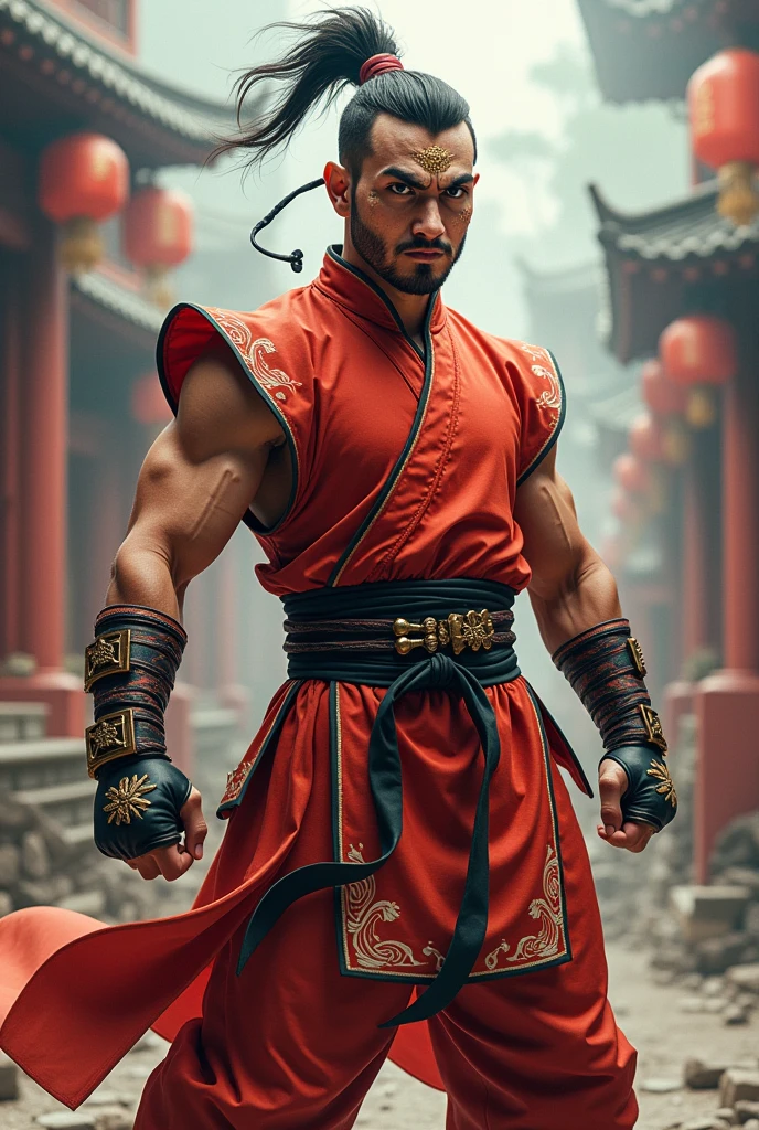 Male character with unusual appearance and is painted with face paint not shiny but comical and rude style with Chinese fighting clothes is very funny 