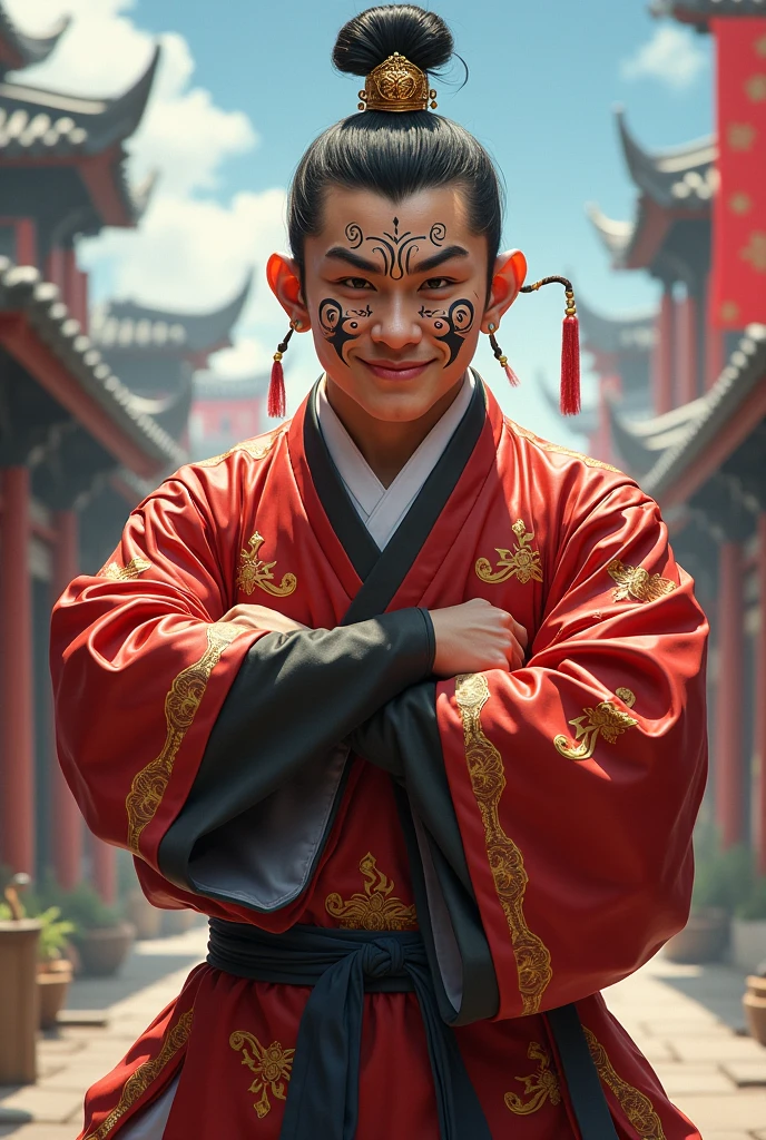 Male character with unusual appearance and is painted with face paint not shiny but comical and rude style with Chinese fighting clothes is very funny 