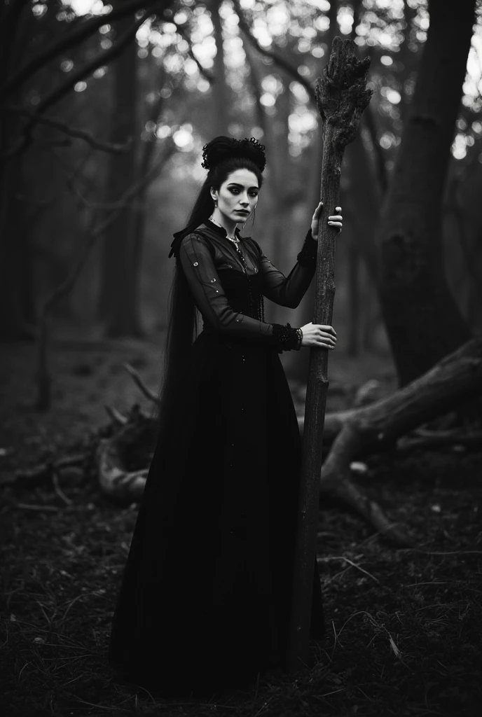 Beautiful 30s white skinned woman with elegant short black hair, wearing a black Victorian antique gothic long dress, with a pipe in her mouth and a crossbow on her back