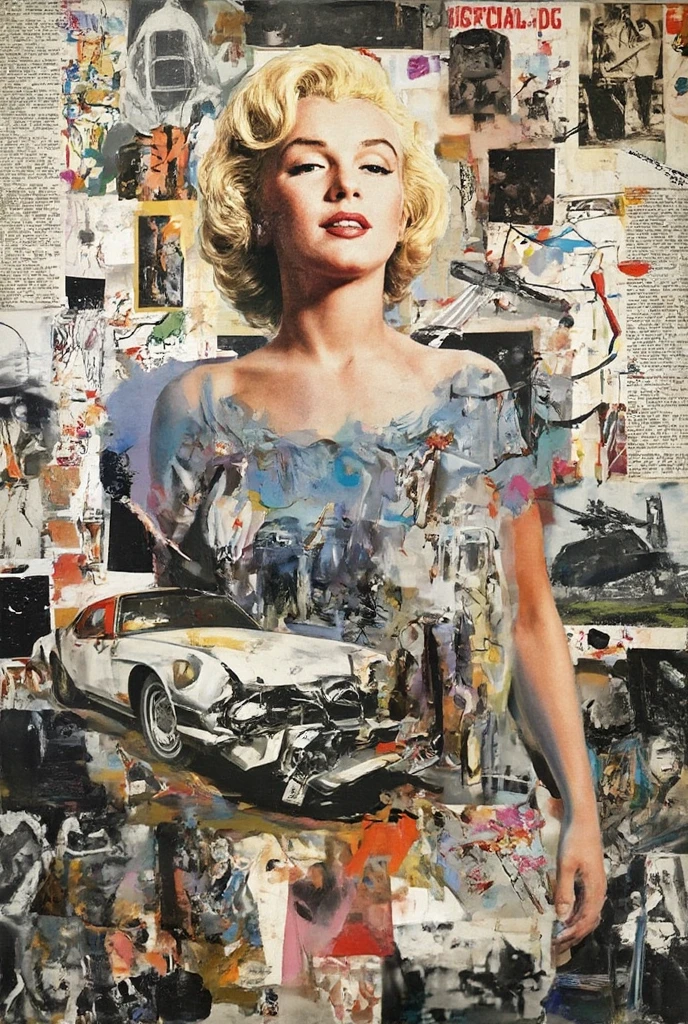 collage art, j.f. kennedy, cia agents, bullets, car crash scene, patches, america in the 1960s, detailed portrait of j.f. kennedy, secret service agents in tactical gear, gunshot wounds, wrecked vintage car, collage of american patriotic symbols, moody lighting, cinematic, dark atmosphere, hyperrealistic, sharp focus, 8k, masterpiece, professional digital art, dramatic chiaroscuro, muted color palette, gritty, high contrast, dramatic, intense