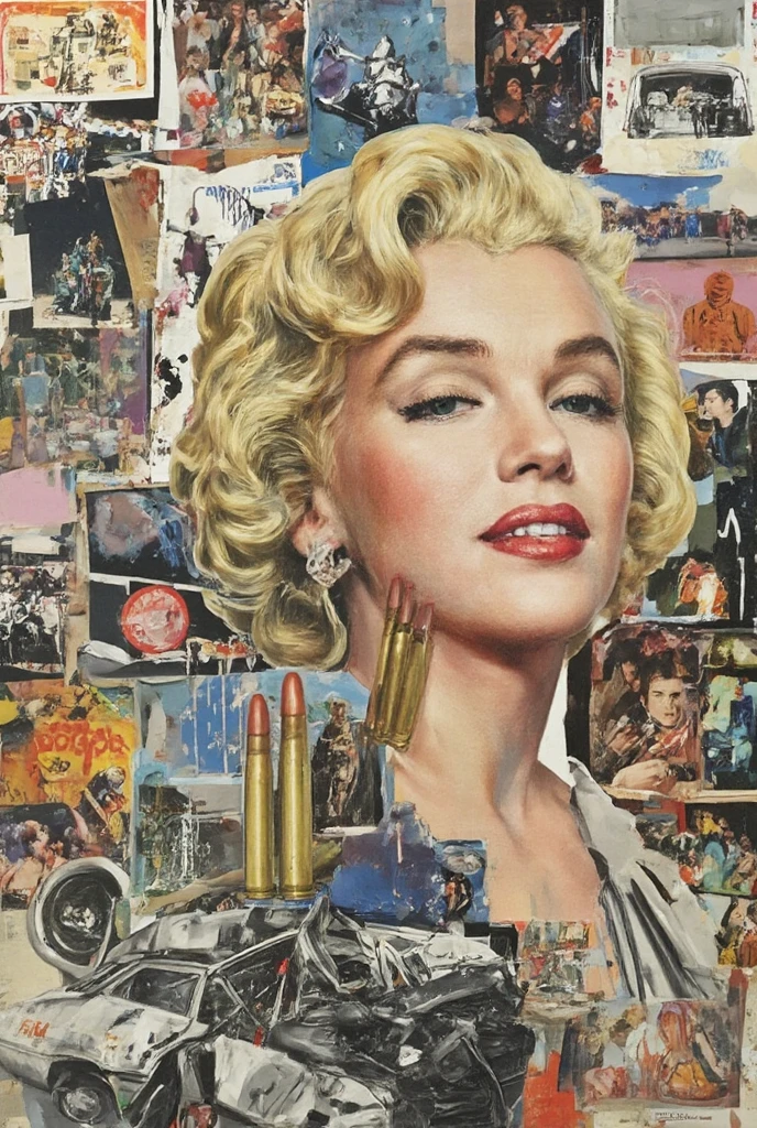 collage art, j.f. kennedy, cia agents, bullets, car crash scene, patches, america in the 1960s, detailed portrait of j.f. kennedy, secret service agents in tactical gear, gunshot wounds, wrecked vintage car, collage of american patriotic symbols, moody lighting, cinematic, dark atmosphere, hyperrealistic, sharp focus, 8k, masterpiece, professional digital art, dramatic chiaroscuro, muted color palette, gritty, high contrast, dramatic, intense