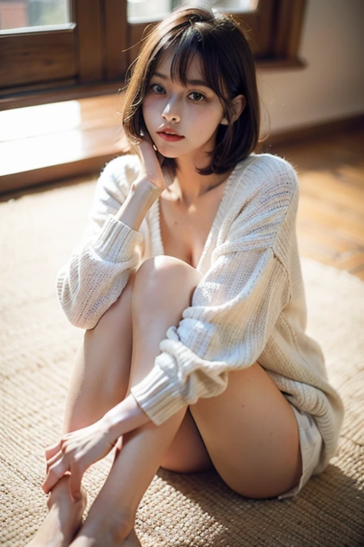 girl,Japanese,have bangs,sit on a comfortable sofa,soft light,Glossy skin、legs open、bob hair,legs spread