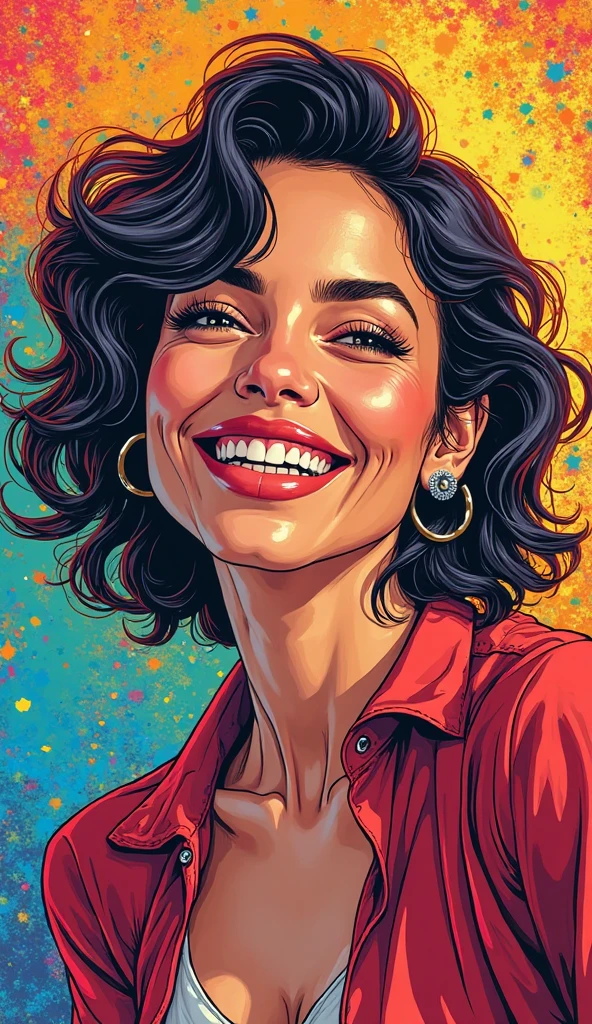 A comic book style illustration of an adult American woman, sorrindo. Half-body image. very colorful and vibrant background