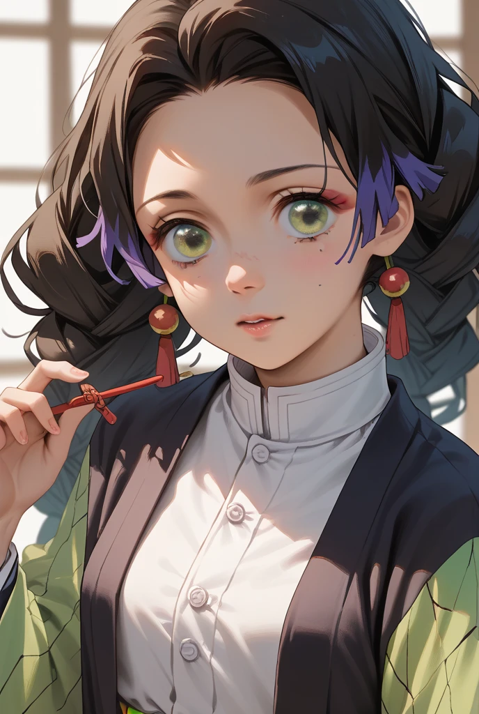 Kamando tanjiro, demon slayer, male, black gradian red hair, burn scar on forehead, earings, detailed face, detailed eyes, detailed hair, detailed clothes, ultra realistic, masterpiece.