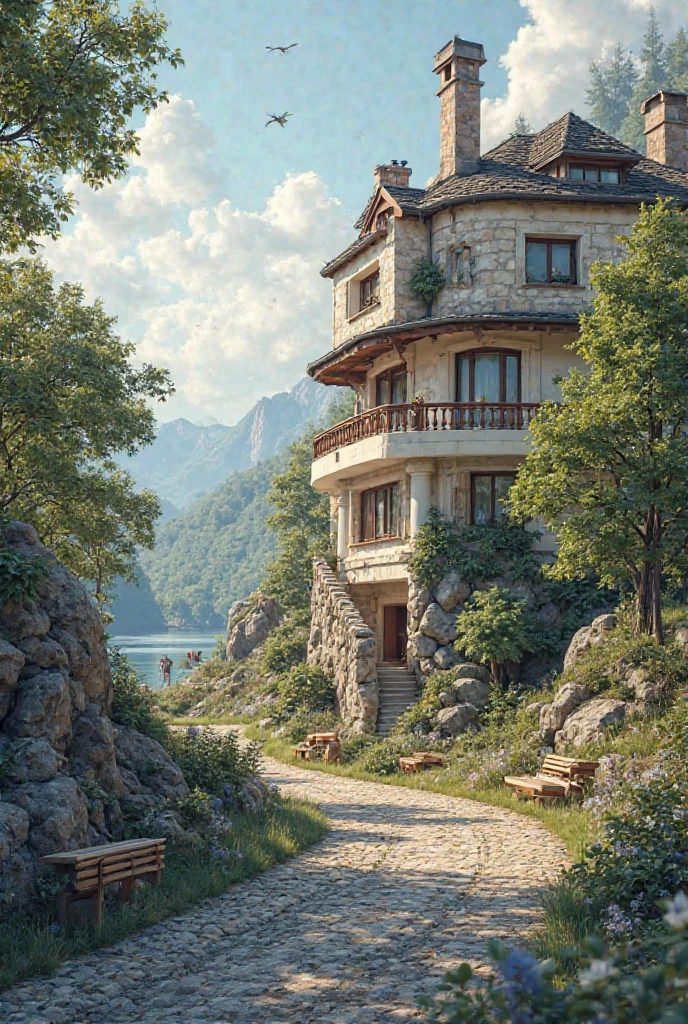 На изображении представлен величественный ландшафтный пейзаж с элементами архитектуры и искусно ухоженного сада. Вот подробное описание:

### **1. Передний план:**
- **Каменистая дорожка**: В центре переднего плана видна изогнутая каменная дорожка, выложенная белыми камнями. Она создает визуальный акцент и привлекает внимание.
- **Сферики из кустарников**: По обе стороны каменной дорожки расположены идеально круглые кусты (топиарии), которые аккуратно подстрижены и имеют ярко-зеленый цвет. Эти сфераобразные кусты образуют ритмичную композицию, добавляя элегантность и порядок сцене.
- **Зеленая трава**: Каменная дорожка и топиарии окружены густой, хорошо подстриженной зеленой травой, которая создает контраст между белым камнем и зеленым кустарником.

### **2. Средний план:**
- **Широкое поле**: За дорожкой и топиариями простирывается широкое, идеально ухоженное зеленое поле. Трава здесь также подстрижена на высоком уровне, что придает сцене ощущение чистоты и порядка.
- **Люди**: На среднем плане видны несколько фигур людей, которые прогуливаются по дороге или стоят, рассматривая окрестности. Они кажутся маленькими по сравнению с масштабом сада, что подчеркивает внушительность ландшафта.
- **Деревья и кустарники**: По периметру поля и дорожки растут различные деревья и кустарники, которые добавляют глубину и текстуру сцене. Некоторые из них также подстрижены для создания регулярного дизайна.

### **3. Задний план:**
- **Замок**: В верхней части изображения находится величественный замок или поместье с множеством башен и окон. Архитектура строения напоминает классический европейский стиль, возможно, шотландский или английский. Здание расположено на холме, что делает его особенно впечатляющим и доминирующим элементом пейзажа.
- **Холмы и горы**: За замком видны мягкие холмы и более отдаленные горы, которые теряются в дымке. Это создает ощущение бесконечности и глубины пространства.
- **Водоем**: В правой части заднего плана можно заметить небольшой водоем или пруд, который отражает окружающий ландшафт. Вода добавляет живописности сцене и усиливает ощущение спокойствия.

### **4. Освещение и атмосфера:**
- **Облачное небо**: Небо облачное, но светлое, что создает мягкое освещение без резких теней. Такая погода придает сцене свежесть и прохладу.
- **Цветовая гамма**: Преобладают зеленые тона травы и кустарников, белый цвет каменной дорожки и серовато-белый тон замка. Все это создает гармоничную и успокаивающую композицию.

### **5. Общий стиль и настроение:**
- Изображение демонстрирует классический стиль английского или европейского паркового дизайна, где важны симметрия, порядок и естественная красота.
- Атмосфера сцены спокойная и благородная, вызывающая чувства умиротворения и восхищения перед величием природы и человеческого творения.

Это изображение является прекрасным примером того, как искусство ландшафтного дизайна может объединять природу и архитектуру в единую гармоничную композицию.