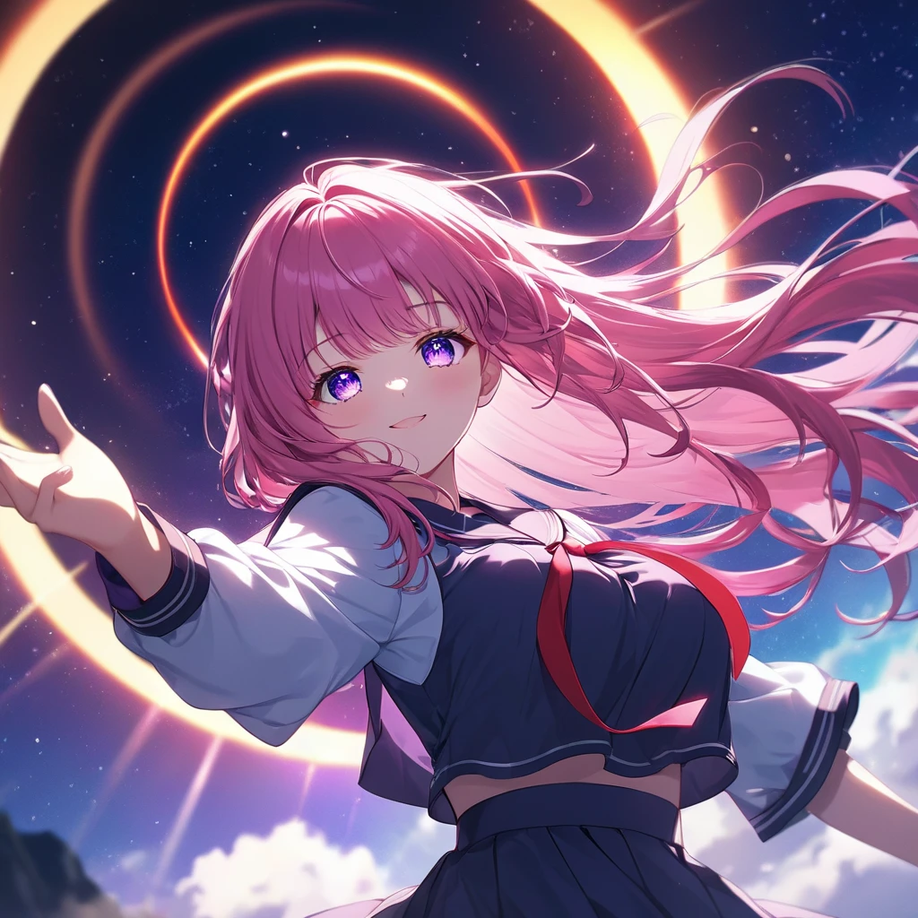 (anime artwork, anime style, studio anime, very detailed, up to date, vibrant, Anime Coloring, high contrast, masterpiece:1.2, best quality, best aesthetics), holography, Neon colorで描く, Digital Art Beautiful Girl, digital space, powerful stroke, high contrast, adrenaline rush, electronic circuit:Neon color, Floating Earth, rich colors, Beautiful Light Lines. magic effect, Sparkling, girl in sailor suit, pleated skirt, A glimpse of thighs, (((Landscape, Woman floating with her knees:1.2))), Neon colorの髪, long straight hair, asymmetrical bangs, perfect proportions, high detail skin, Cute, detailed faces, cowboy shot, (chromatic aberration, abstract background, colorful background).