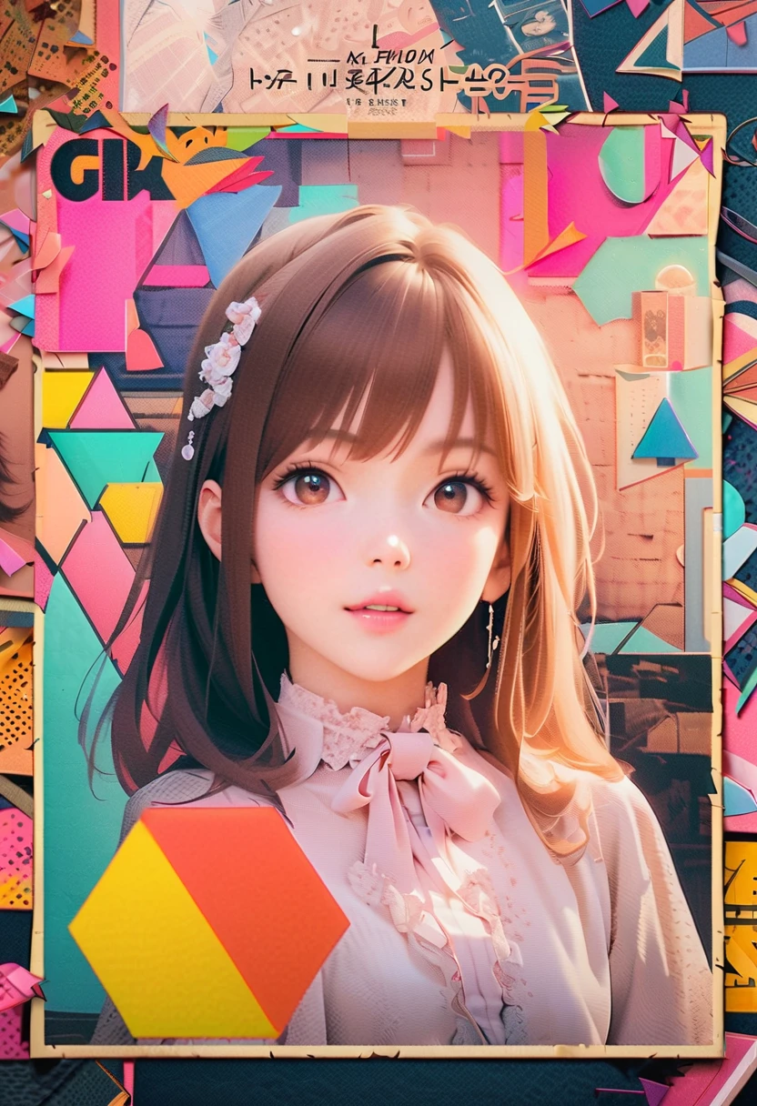 Retro,Collage Art Style,(Fashion Magazine Cover),a girl,Surrounding the colorful geometric shapes,Exquisite details,4k HD, Photo Writing,professional quality,温暖Retro色调, dynamic composition ,Elegant and elegant portraits,Attractive expressions,Beautiful clothing texture,Attractive background elements,Exquisite lighting rendering,Professional photography,Excellent magazine texture