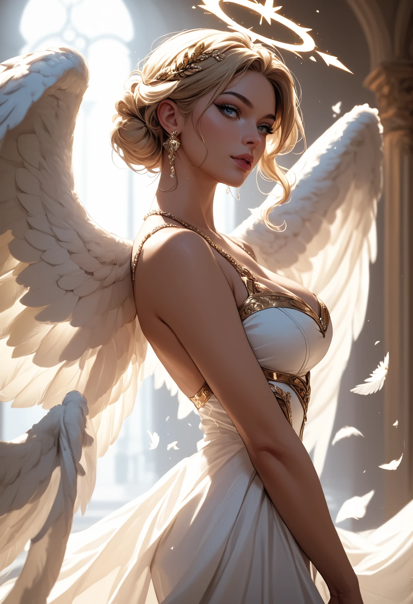 Beautiful angel woman, beautiful gold and white uniform, 2 wings on the back
