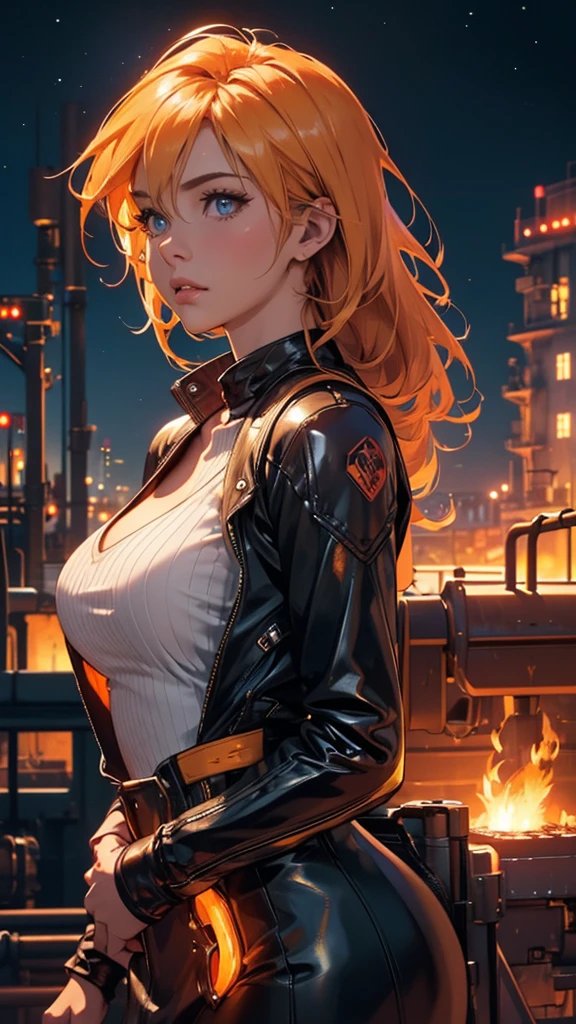 (photo realistic), highly detailed, Award-winning photography, Sharp focus,
A beautiful Scandinavian woman,
extraordinarily beautiful face, blonde,

A beautiful woman holding onto a chimney, gazing out at the vibrant factory nightscape. The scene is set against a dark sky lit by the glowing lights of the factory below, with smokestacks and glowing industrial machinery casting a fiery orange and yellow hue across the scene. The woman’s silhouette stands out against the brightly lit backdrop, with her hair slightly flowing in the wind. She is dressed in a casual, yet stylish outfit, adding to the contrast of the industrial setting. The night is filled with energy, and the woman's expression is thoughtful and contemplative as she looks down at the bustling factory below. The atmosphere is both powerful and serene, capturing the clash of beauty and industry in a stunning, cinematic way.
She shines in the moonlight, glint, shine,
