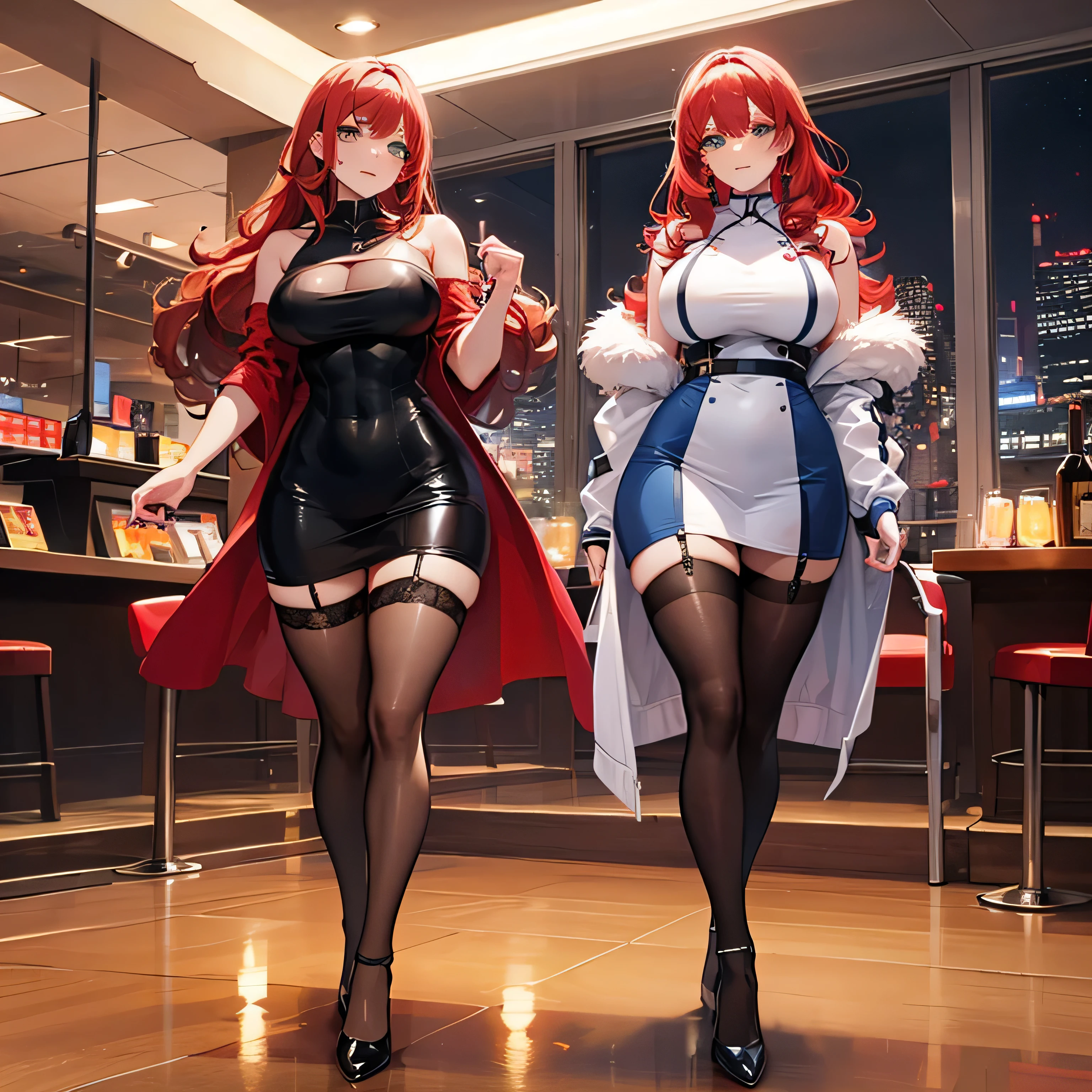 Women, orange hair with red, Green and blue eyes, very voluptuous body, BIG BREASTS, big butt, Wide hips, beautiful, has the face of a girl. Su ropa es un poco reveladora pero es muy beautiful. Su vestido de princesa la cubre mucho.